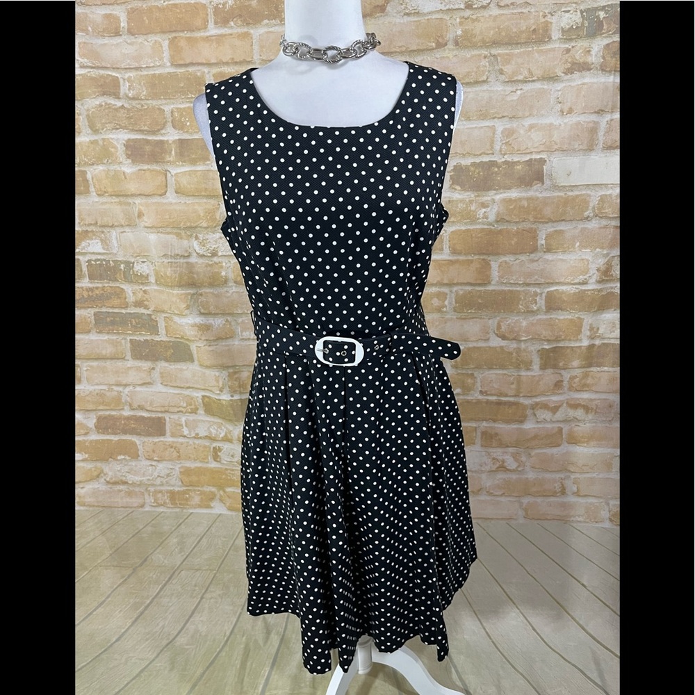Classic Black Polka Dot Sleeveless Belted Dress